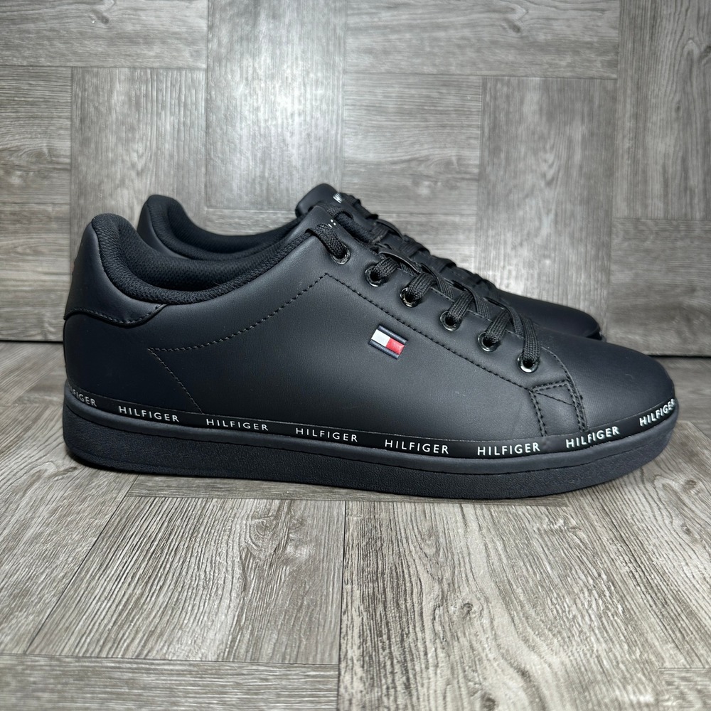 Tommy Hilfiger Levinz Sneakers Mens 12 Black Faux Leather Low Top Logo Tape NEW